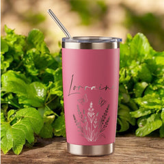 Personalised Engraved Thermal Travel Mug Any Name and Wildflower Gift With Metal Straw
