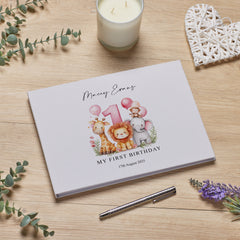 Personalised Luxury Large A4 1st Birthday Linen Cover Guestbook With Safari Animal Theme