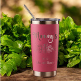 Personalised Engraved Thermal Travel Mug Gift For Her Reusable Coffee Tumbler Cup With Metal Straw Flower Theme