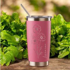 Personalised Engraved Thermal Travel Mug Any Name and Flower Gift With Metal Straw