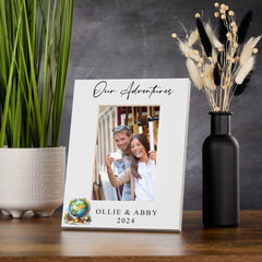 Personalised Our Adventures White Photo Frame With Globe and Books Photo Frame ukgiftstoreonline Portrait