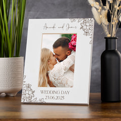 Personalised Wooden Engraved White Photo Frames Wedding Any Message With Orchid Flowers