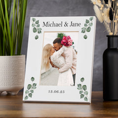 Personalised Wooden White Photo Frame with Custom Wording, Wedding, Anniversary, Birthday any occasion Gift With Leaves