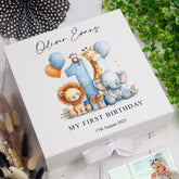 Personalised 1st Birthday Keepsake Memory Box Gift With Jungle Animals Photo Frame ukgiftstoreonline Ribbon Box Medium Blue