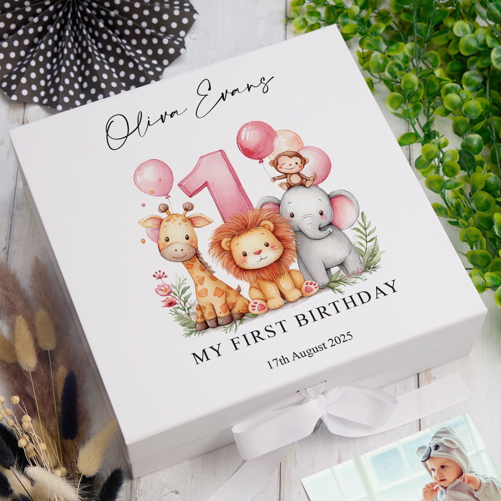 Personalised 1st Birthday Keepsake Memory Box Gift With Jungle Animals Photo Frame ukgiftstoreonline Ribbon Box Medium Pink