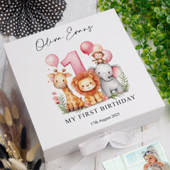 Personalised 1st Birthday Keepsake Memory Box Gift With Jungle Animals Photo Frame ukgiftstoreonline Ribbon Box Large Pink