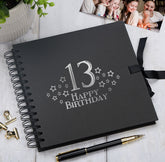 13th Birthday Black Scrapbook, Guest Book Or Photo Album with Silver Script