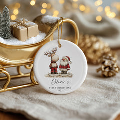 Personalised Baby's First Christmas Ornament With Santa and Reindeer Design
