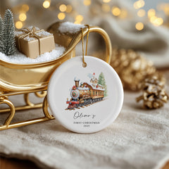 Personalised Baby's First Christmas Ornament With Winter Locomotives