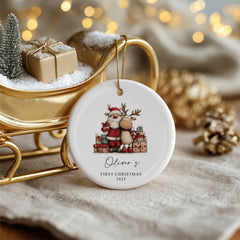 Personalised Baby's First Christmas Ornament With Santa and Reindeer Design