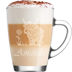 Personalised Engraved Glass Coffee Cup, Tea Cup, Any Name and Highland Cow