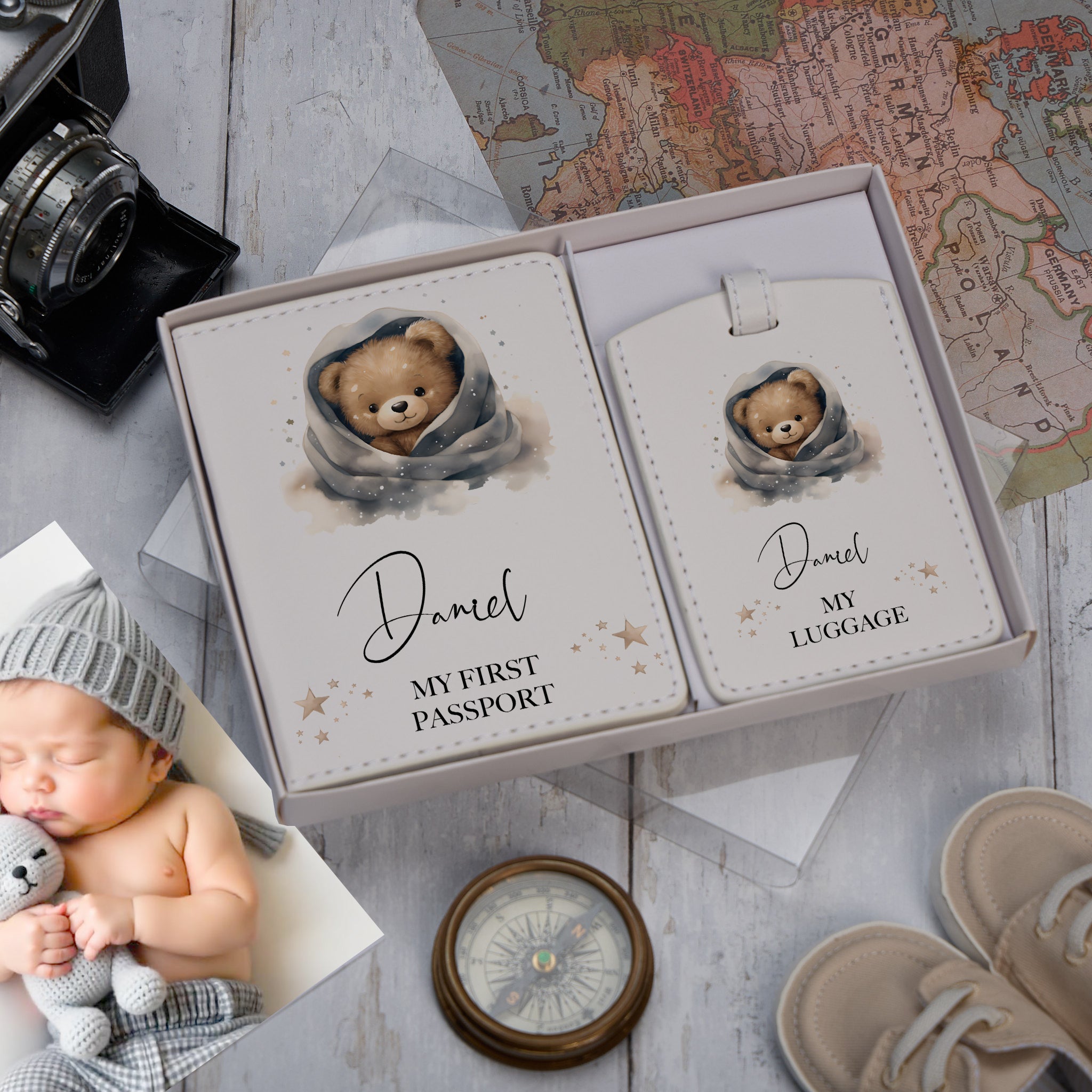 Personalised Leatherette Teddy Baby Passport Cover and Luggage Tag Holder Gift Set Baby Product ukgiftstoreonline