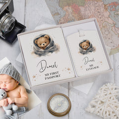 Personalised Leatherette Teddy Baby Passport Cover and Luggage Tag Holder Gift Set Baby Product ukgiftstoreonline