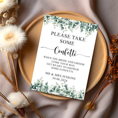 Personalised Wedding Confetti, Eucalyptus Table Sign
