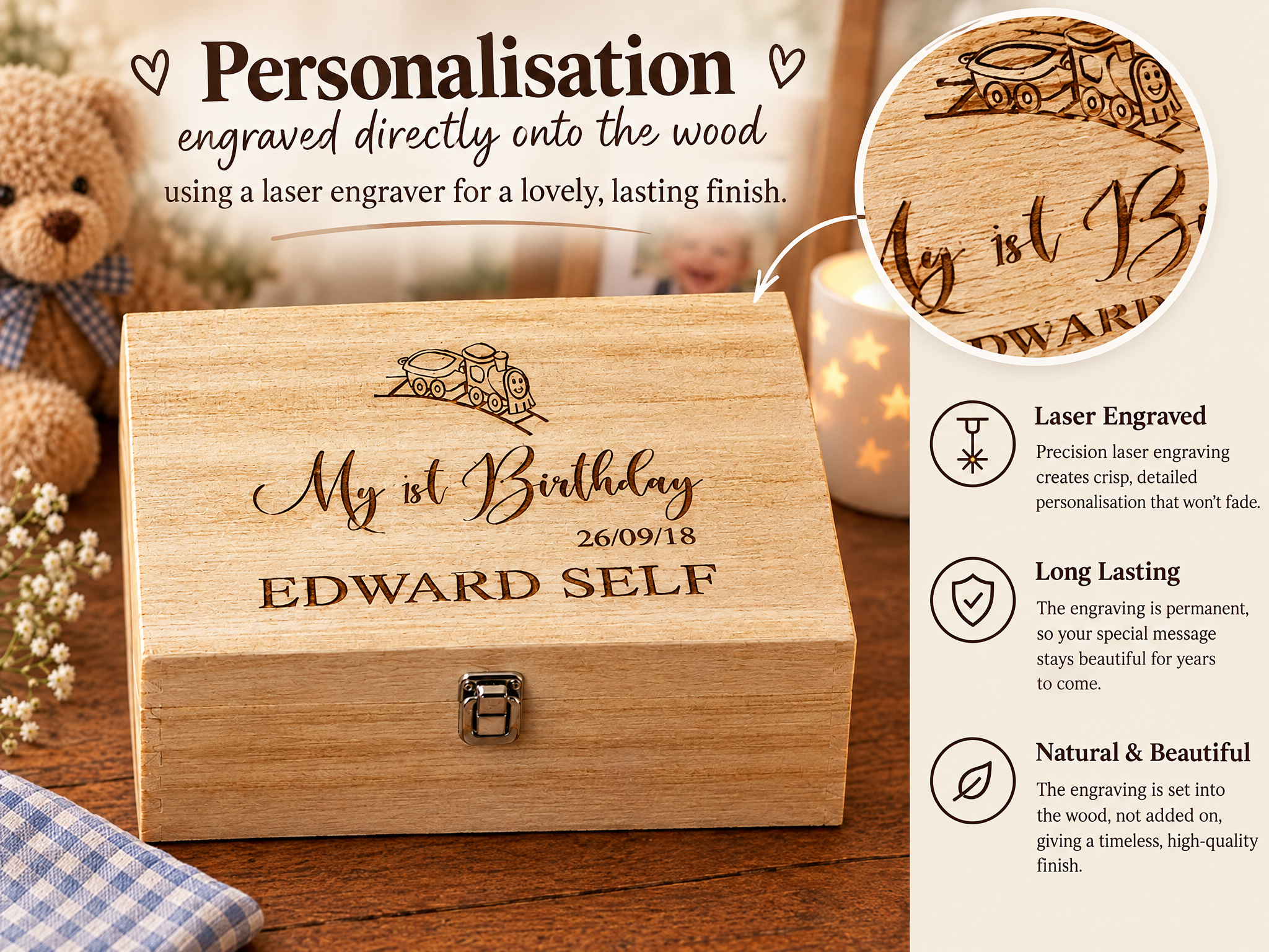 Personalised Large Boy's First Birthday Gift Keepsake Box Engraved Personalised Birthday Gift Raised Words