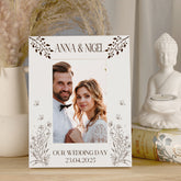 Personalised Wooden Engraved White Photo Frames Wedding Any Message With Wildflowers