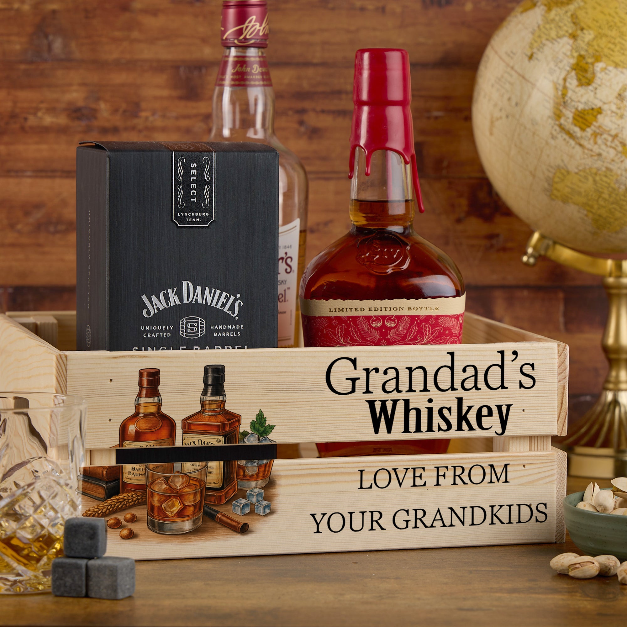Personalised Whiskey Father's Day Birthday Treat Hamper Wooden Crate Gift storage crate ukgiftstoreonline