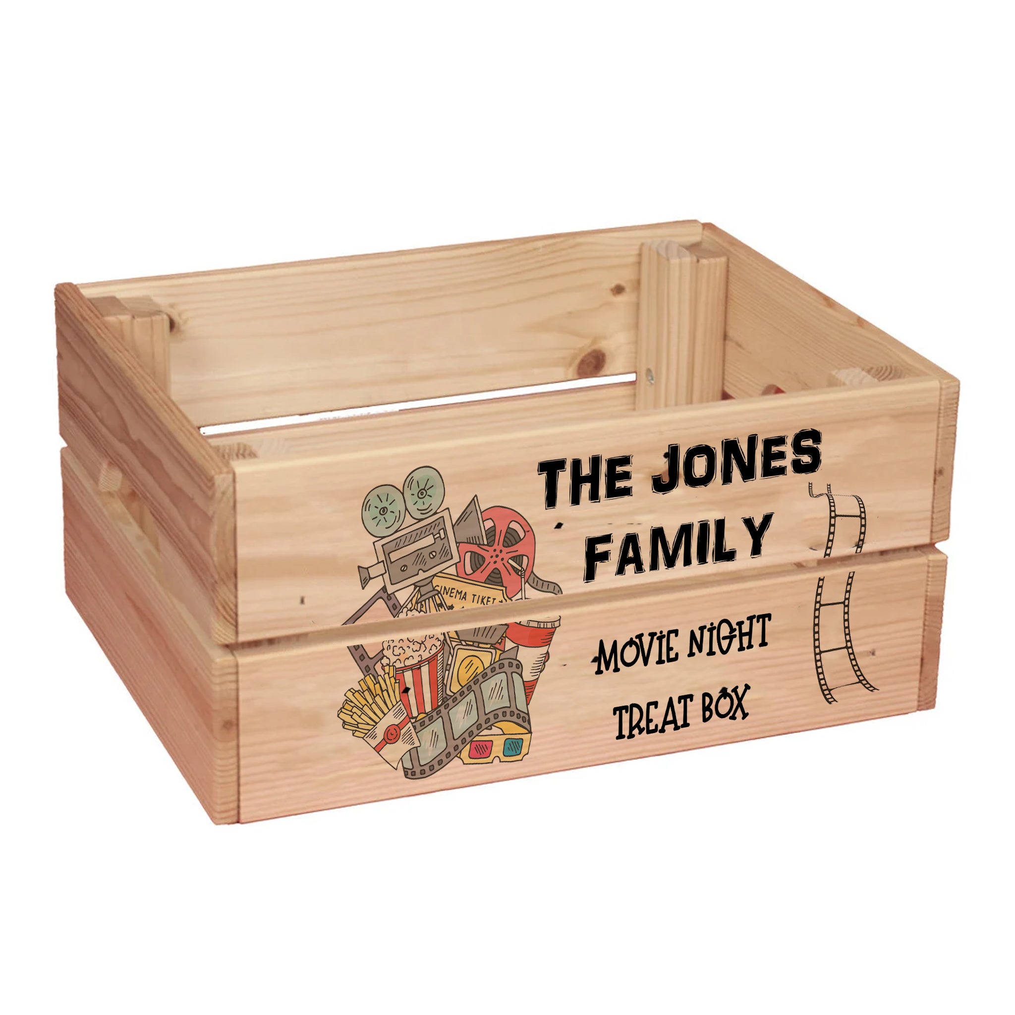 Personalised Family Movie Night Treat Wooden Crate Gift storage crate ukgiftstoreonline