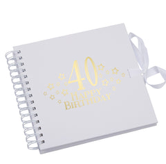 40th Birthday White Scrapbook, Guest Book Or Photo Album with Gold Script