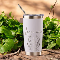 Personalised Engraved Thermal Travel Mug Any Name and Wildflower Gift With Metal Straw