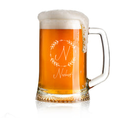 Personalised Monogram and Leaf Wreath Birthday Beer Tankard Glass Gift For Him