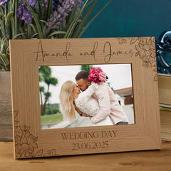 Personalised Wooden Engraved Photo Frames Wedding Any Message Multiple Sizes With Orchid Flowers
