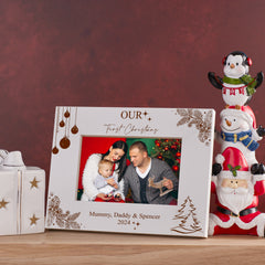 Personalised Our First Christmas Family Photo Frame In Brown or White