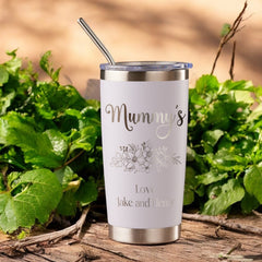 Personalised Engraved Thermal Travel Mug Gift For Her Reusable Coffee Tumbler Cup With Metal Straw Flower Theme