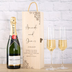 Personalised Wedding Day Wooden Wine or Champagne Box Gift for Couple Floral Design