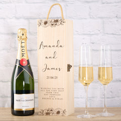 Personalised Wedding Wooden Wine or Champagne Box Gift With Gentle Flowers