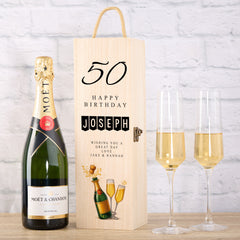 Personalised Colourful Wooden Wine or Champagne Box Gift 50th Birthday