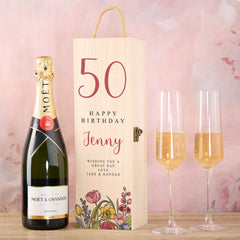 Personalised Wooden Wine or Champagne Box Gift For Her 50th Birthday