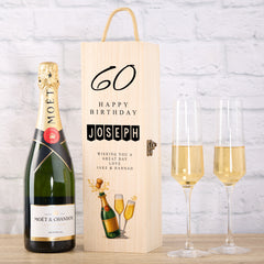 Personalised Colourful Wooden Wine or Champagne Box Gift 60th Birthday
