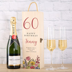 Personalised Wooden Wine or Champagne Box Gift For Her 60th Birthday
