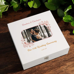 Personalised 50th Anniversary Photo Keepsake Box, Custom Photo Wedding Memory Storage, Wood or Ribbon Box, Available in 2 Sizes