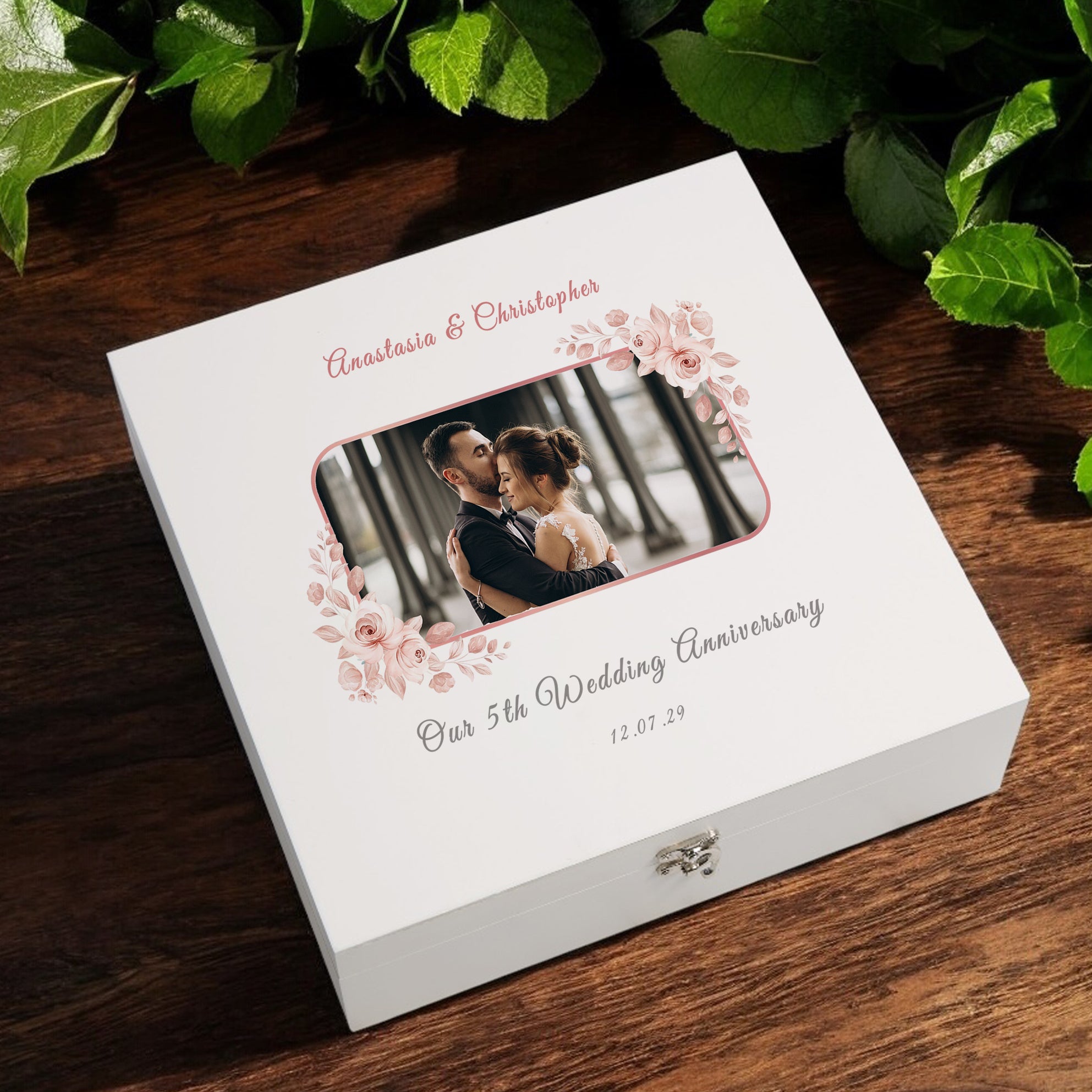 Personalised Elegant 5th Anniversary Keepsake Box Custom Photo In Rose Gold Flower Frame Anniversary Couple Gift Wedding Day Memory Gifts ukgiftstoreonline