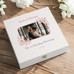 Personalised Elegant 1st Anniversary Keepsake Box Custom Photo In Rose Gold Flower Frame Anniversary Couple Gift Wedding Day Memory Gifts