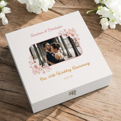 Personalised 50th Anniversary Photo Keepsake Box, Custom Photo Wedding Memory Storage, Wood or Ribbon Box, Available in 2 Sizes