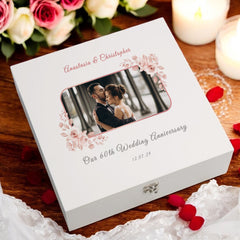 Personalised 60th Anniversary Photo Keepsake Box, Custom Photo Wedding Memory Storage, Wood or Ribbon Box, Available in 2 Sizes