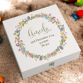 Personalised Baby Girl Memory Keepsake Box with Wildflower Wreath New Parents