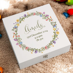 Personalised Baby Girl Memory Keepsake Box with Wildflower Wreath New Parents