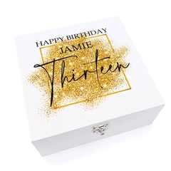 Personalised 13th Birthday Gift Keepsake Wooden Box With Gold Sparkles Design (Large)