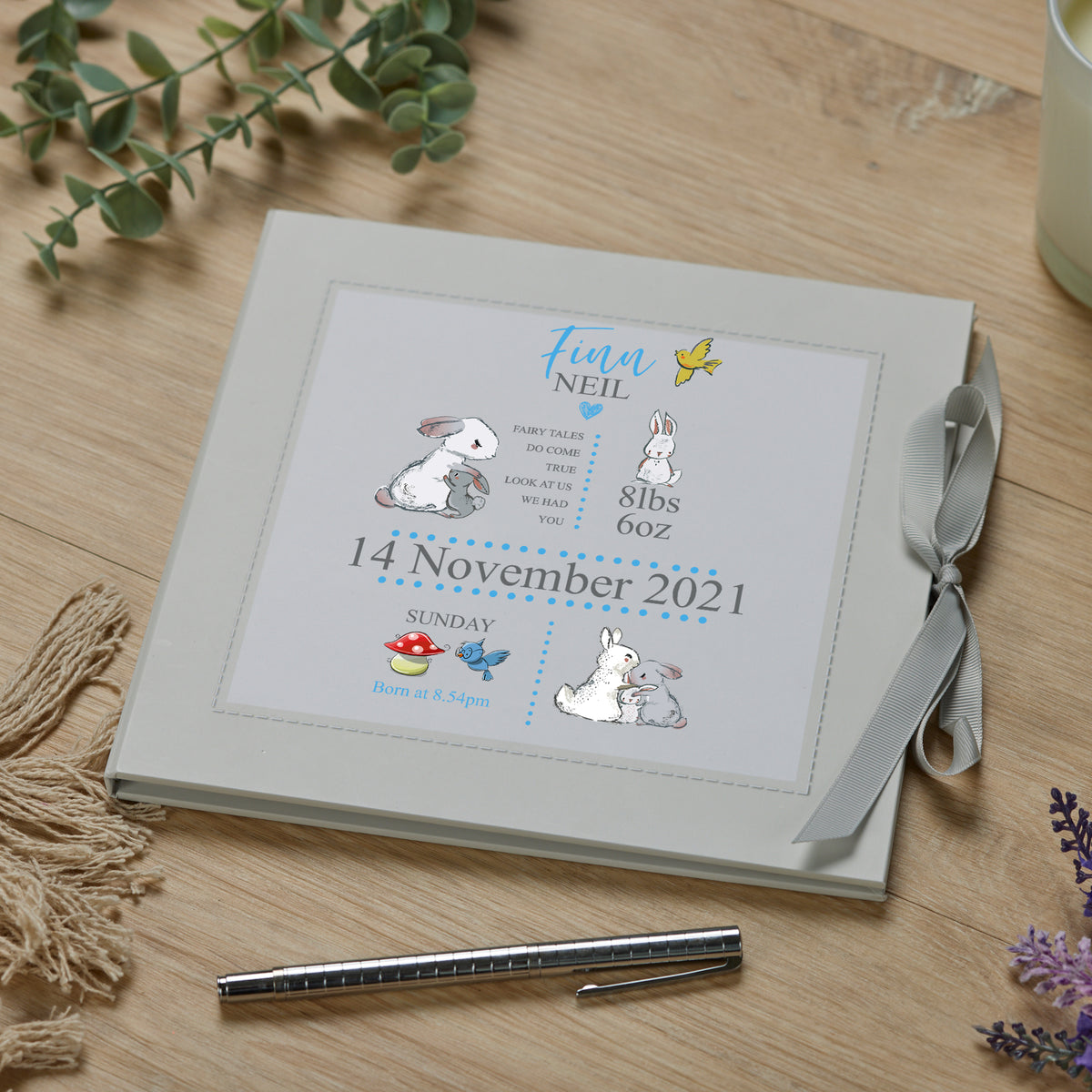 ukgiftstoreonline Personalised Baby Boy My First Year Keepsake Record Book With Rabbits