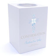 Personalised Confirmation Blue Ornate Cross Design Tea Light Holder