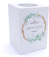 Personalised Wedding Tea Light With Green Leaf and Twigs Design