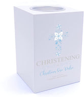 Personalised Christening Blue Ornate Cross Design Tea Light Holder
