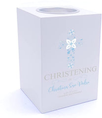 Personalised Christening Blue Ornate Cross Design Tea Light Holder