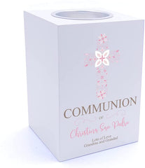 Personalised Communion Ornate Cross Design Tea Light Holder
