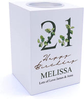Personalised 21st Birthday Green Leaf Design Gift Tea Light Holder