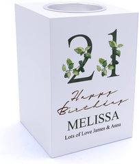 Personalised 21st Birthday Green Leaf Design Gift Tea Light Holder